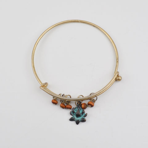 Bangle Boho Gold Tone Dangle Bracelet - Wood Beads Flower Charm