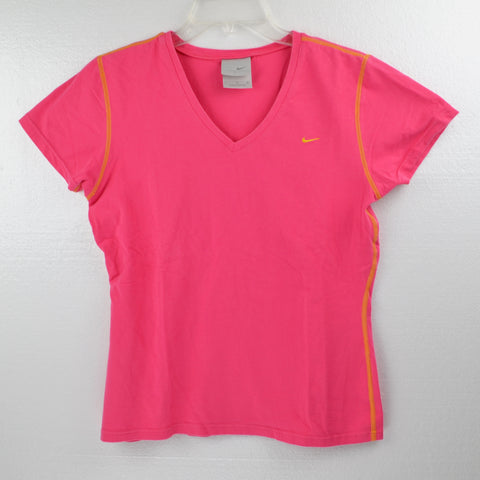 Nike Womens Workout Athletic Top V-neck Size Large Pink Short Sleeve