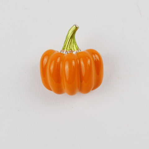 Pumpkin 3D Brooch Pin Gold Tone - Orange Enamel Rhinestones Fall Accent