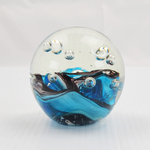 Vintage Paperweight Controlled Bubble Blue Swirl Art Glass Orb Murano Style 3"