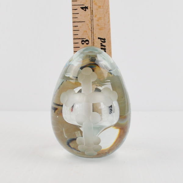 Vintage Clear Glass Egg Paperweight - Etched Cross, Grape Leaf - Egg Shaped