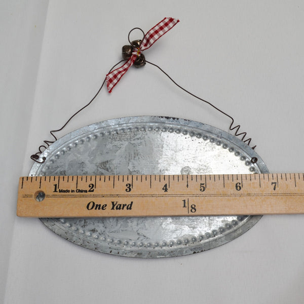 Galvanized Tin Metal Merry Christmas 7" x 4" Oval Plaque Ornament w/Ribbon Bells