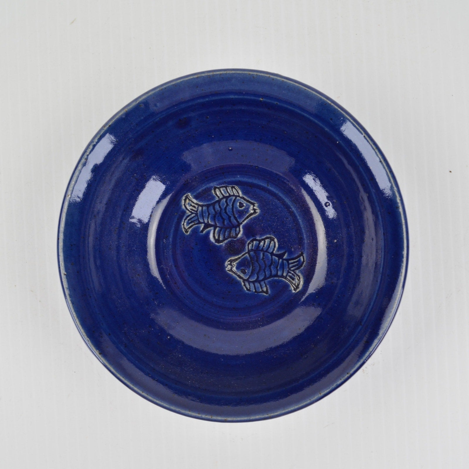 Studio Art Pottery Bowl Fish Design, Hand Thrown, Artist Signed 6" Blue Dish