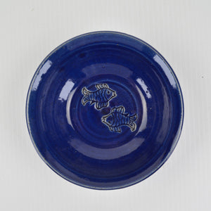 Studio Art Pottery Bowl Fish Design, Hand Thrown, Artist Signed 6" Blue Dish