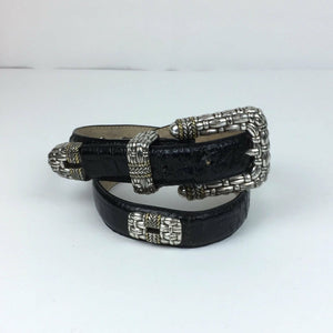 Womens Black Leather Belt - Basket Weave Silver Buckle, Conchos - Size Small