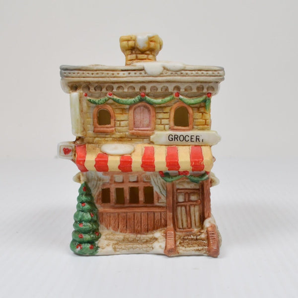Lot 3 Mini Christmas Village Houses, Fabric Shop, Bakery, Grocery + Light Cords