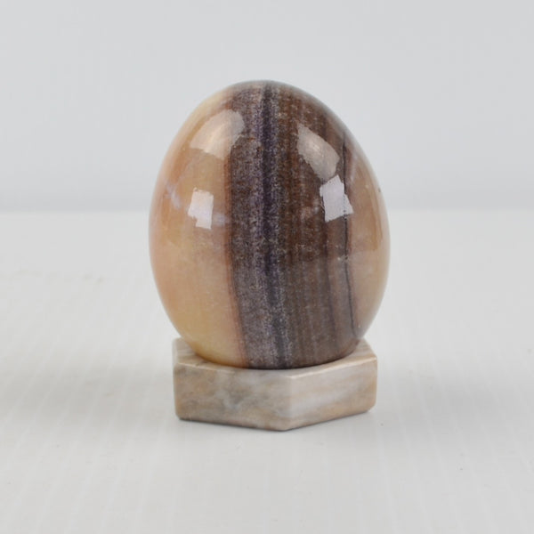 Vintage Alabaster Marble Stone Egg Polished Beige, Dark Rings, Stone Stand 2.5"