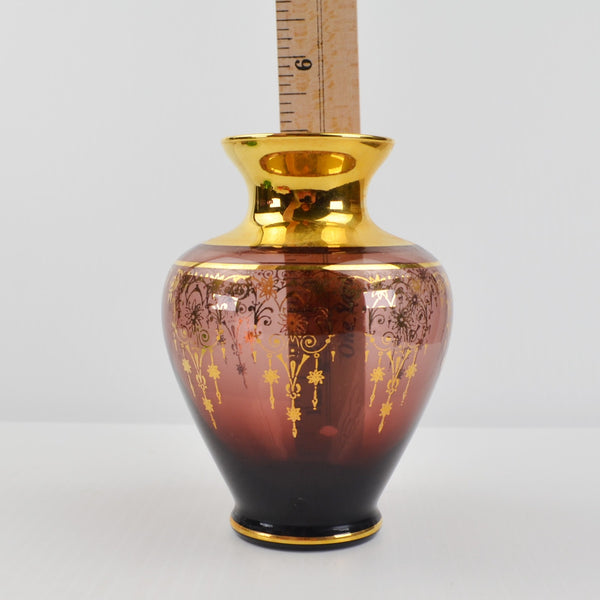 Vintage Vecchia Murano Art Amethyst Glass Vase - 24K Gold Leaf Trim 5” - Purple