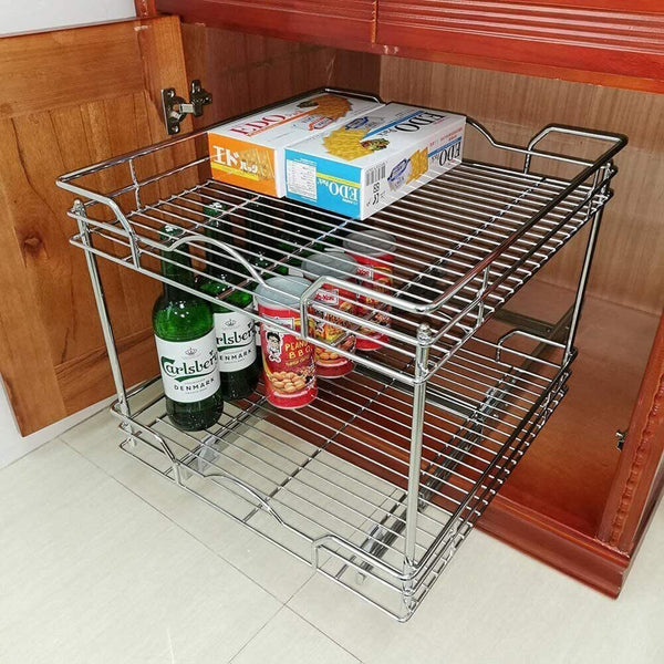 Pull Out Cabinet Organizer 14"Wx 21"D , 2 Tier Slide Out Kitchen Cabinet Shelves