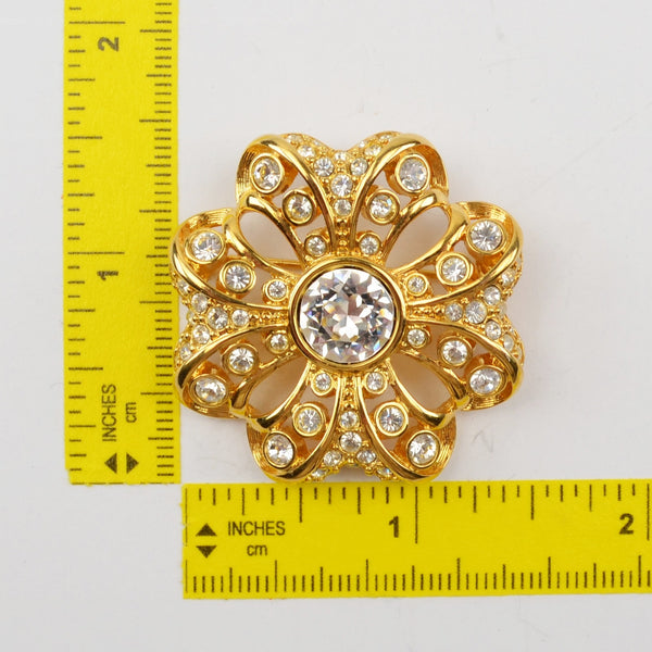 Vintage Swarovski Crystal Cross Flower Brooch Gold Tone Pin Swan Signed 1.5"