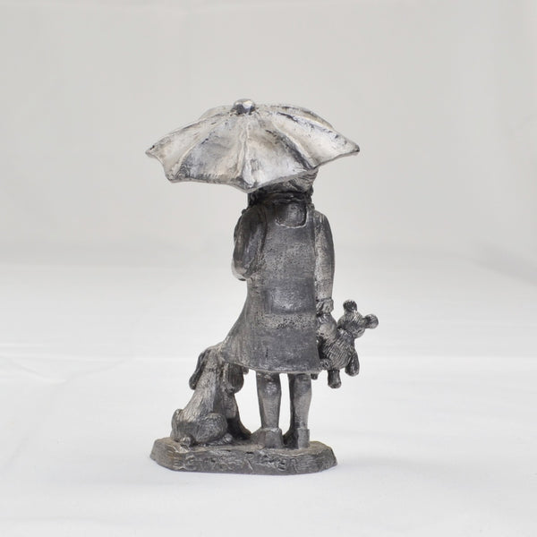 Pewter Girl with Umbrella & Dog Sculpture Figurine by Michael Ricker 1983 4.5"