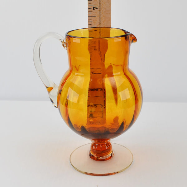 Vintage Hand Blown Art Glass Amber Pitcher Creamer Pedestal Vase Clear Handle 6”