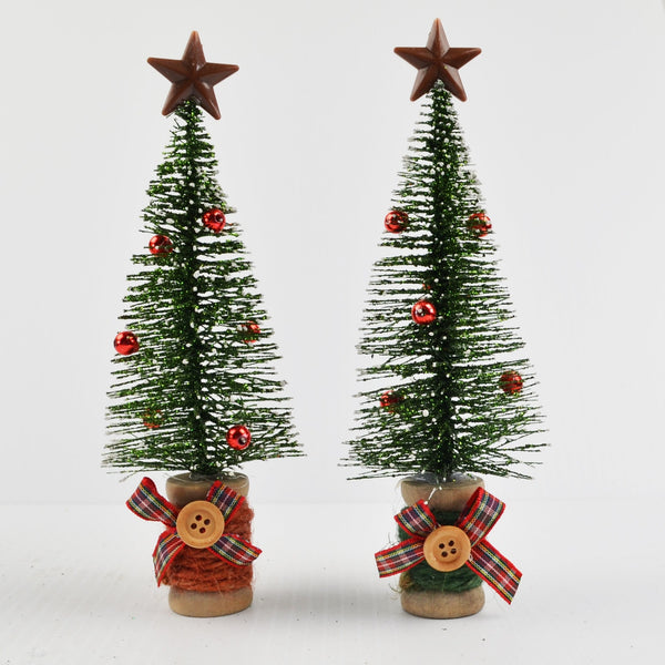 Christmas Village Bottle Brush Christmas Trees - 2 Decorated, 2 Natural, Green