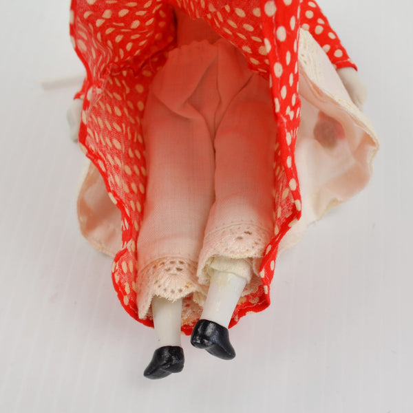 Vintage Shackman China Porcelain Head Doll Girl - Cloth Body Bisque Limbs 8” Red