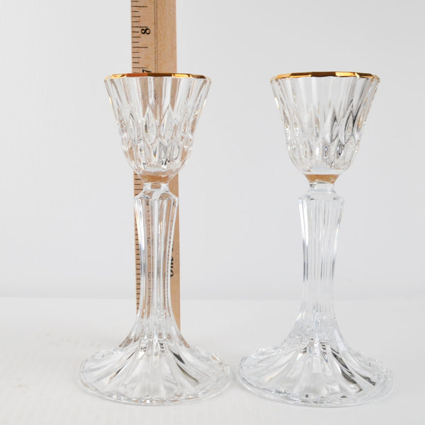 Pair of Crystal Candlesticks, Gold Rim 7" Taper Candle Holders Lead Crystal