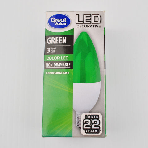 LED Green Replacement Light Bulb, E12 Candelabra Base, Not Dimmable Great Value