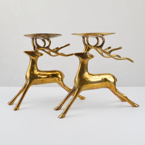 2 Brass Reindeer Pillar Candle Holders, Solid Brass, India, Christmas Decoration