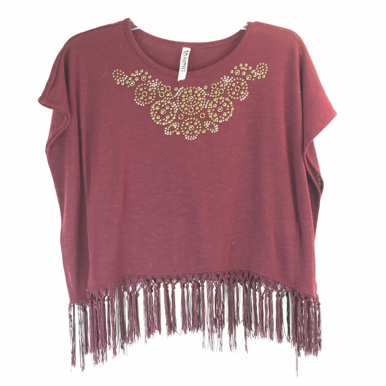 Beautees Womens Top - Maroon Bottom Fringe - Size Medium - Embellished