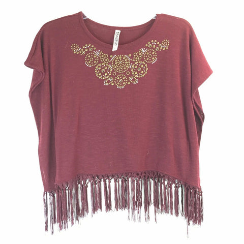 Beautees Womens Top - Maroon Bottom Fringe - Size Medium - Embellished