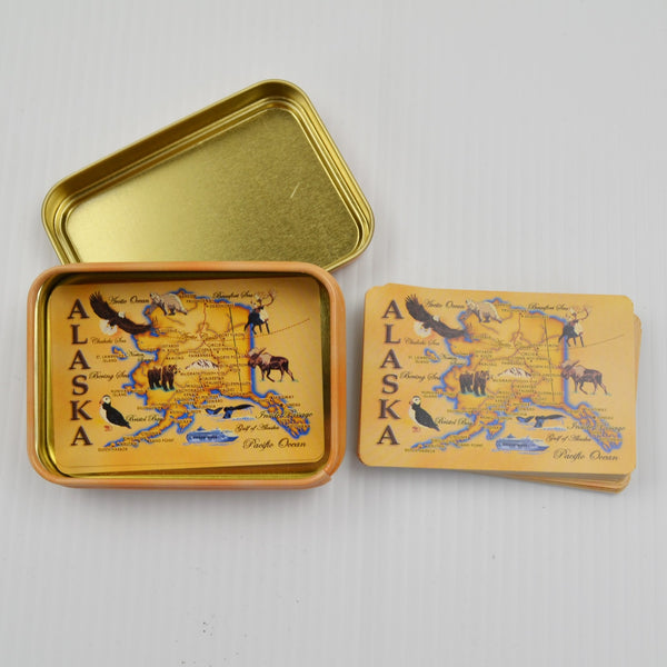 Vintage Alaska Souvenir Playing Cards 52 Plus 2 Jokers, Alaska Map in Tin Box