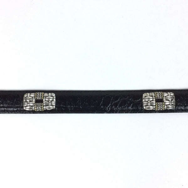 Womens Black Leather Belt - Basket Weave Silver Buckle, Conchos - Size Small