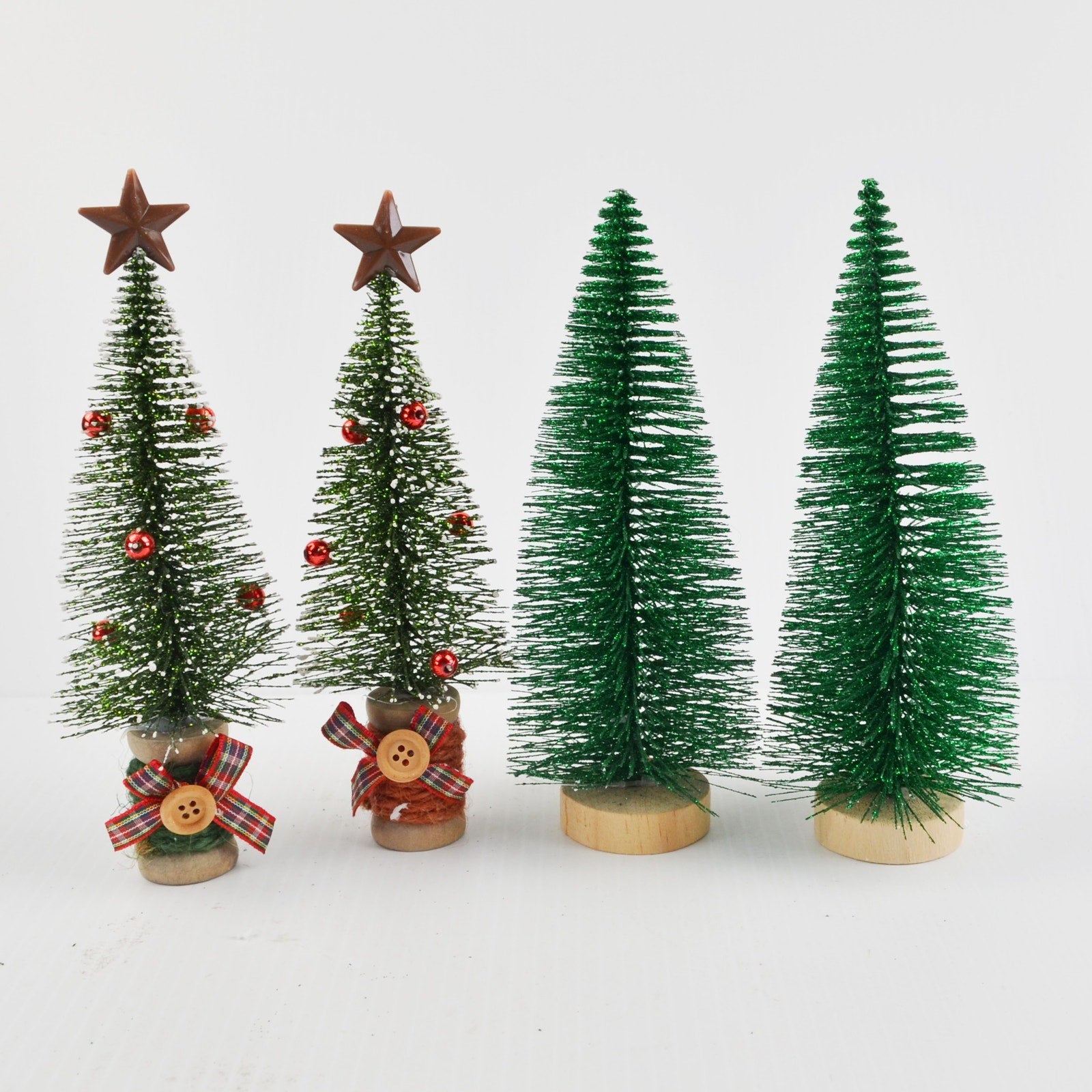 Christmas Village Bottle Brush Christmas Trees - 2 Decorated, 2 Natural, Green