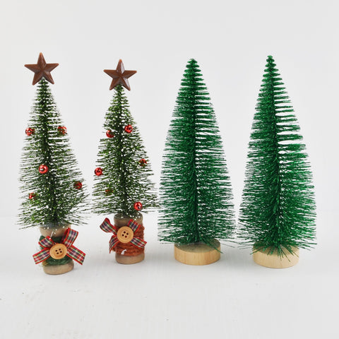 Christmas Village Bottle Brush Christmas Trees - 2 Decorated, 2 Natural, Green