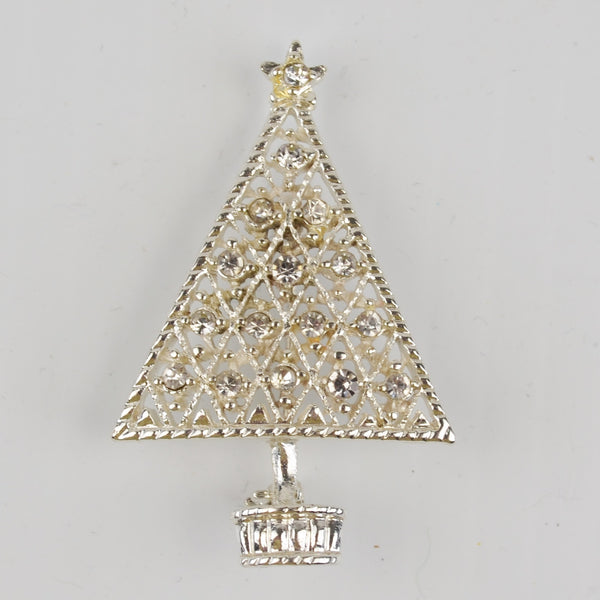 Vintage Silver Christmas Tree Brooch Crystal Rhinestone Pin, Silver-Tone 2"