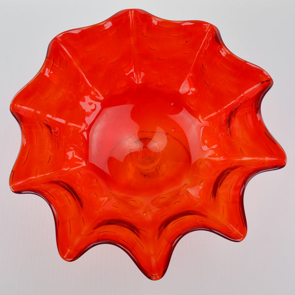 Vintage Red Controlled Bubble Glass Ruffled Pedestal Hand-Blown Fruit Bowl 11”