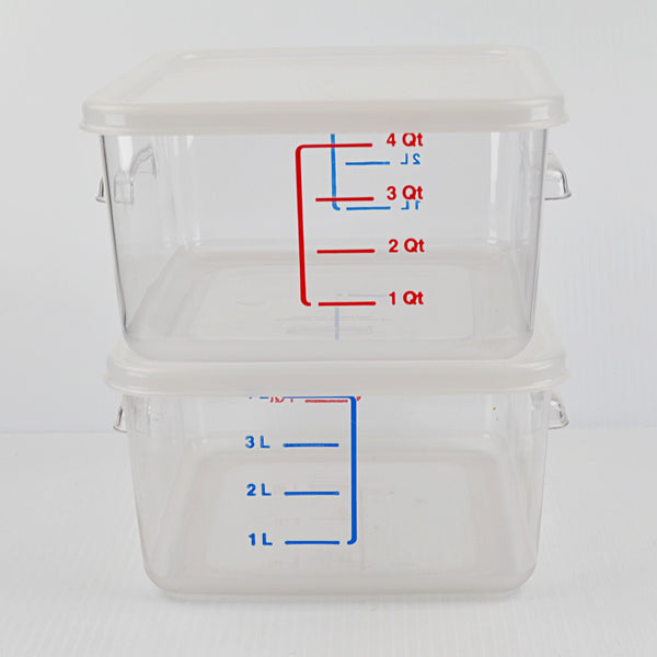 Lot of 2 Rubbermaid Commercial Square Storage Containers With Lids, 4 Qt, Clear
