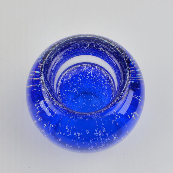 Vtg Hand Blown Blue Bubble Art Glass Crystal Votive Candle Holder Paperweight