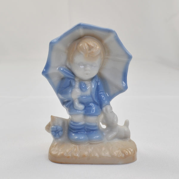Vintage Blue White Porcelain Japan Farm Country Boy Figurine - Umbrella and Dog