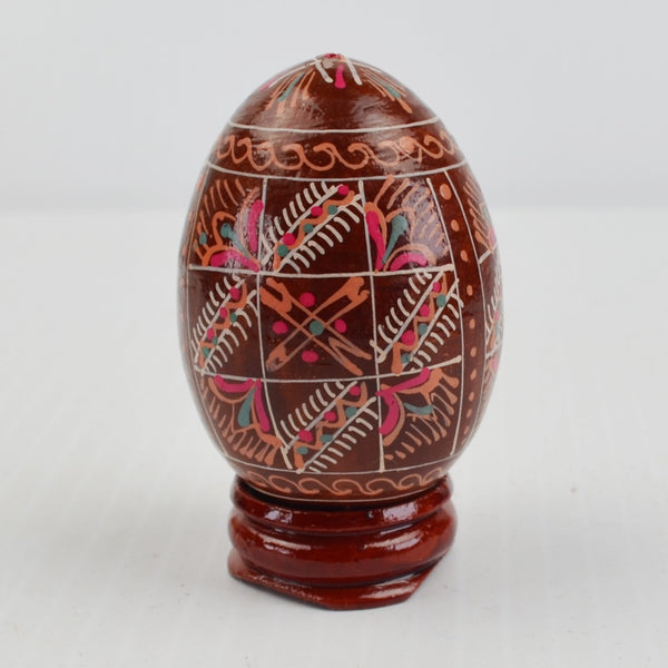 Hand Painted Wooden Egg with Stand Floral Geometric Design 2 1/2"