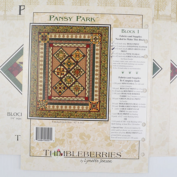 Vintage 2002 Thimbleberries PANSY PARK Complete Set of 12 Quilt Block Patterns