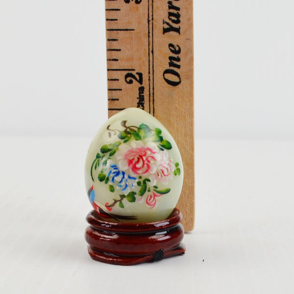 Vintage Hand Painted Marble Mini Egg Polished Light Pale Green, Wood Stand 1.5"