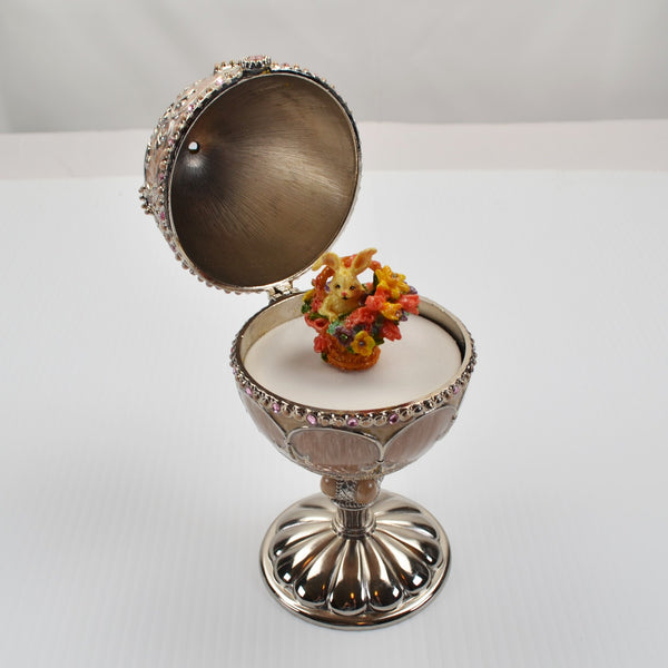 Vintage Enameled Bunny Flower Basket Jeweled Rotating Music Box Egg 6 3/4"