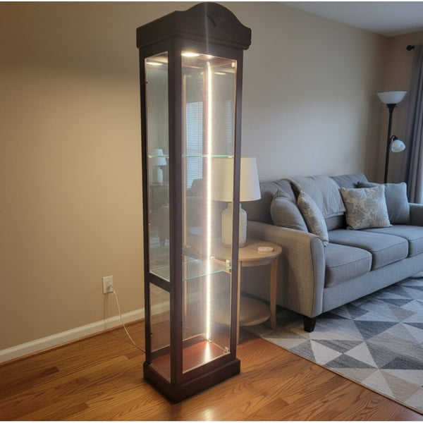 Lighted Wood Curio Cabinet - Glass Shelfs, Mirrored Back