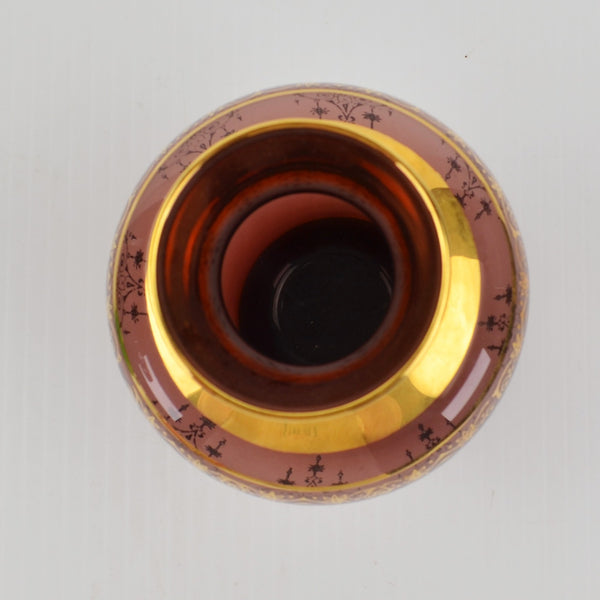 Vintage Vecchia Murano Art Amethyst Glass Vase - 24K Gold Leaf Trim 5” - Purple