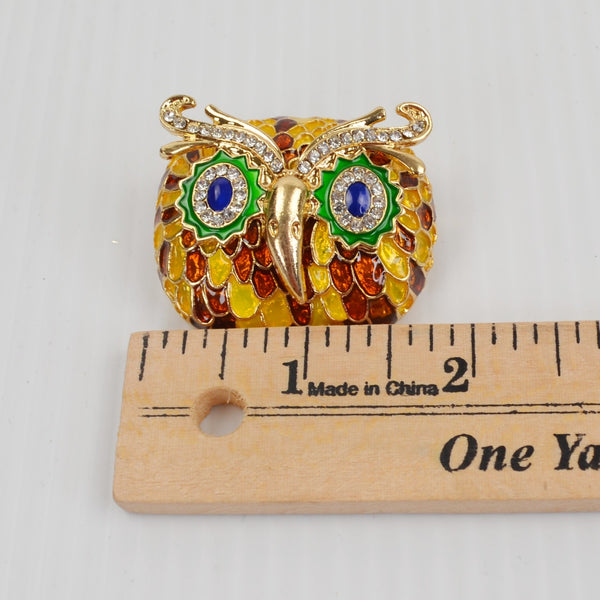 Owl Face Brooch - Large Enamel Crystal Rhinestone Pin - Gold Tone