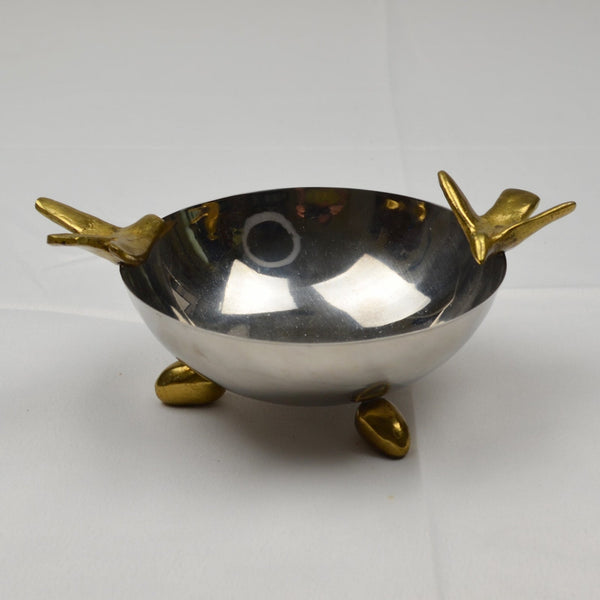 Michael Aram Two Bird Nut Bowl - Stainless Steel Bowl, Brass Feet and Birds 6.5"