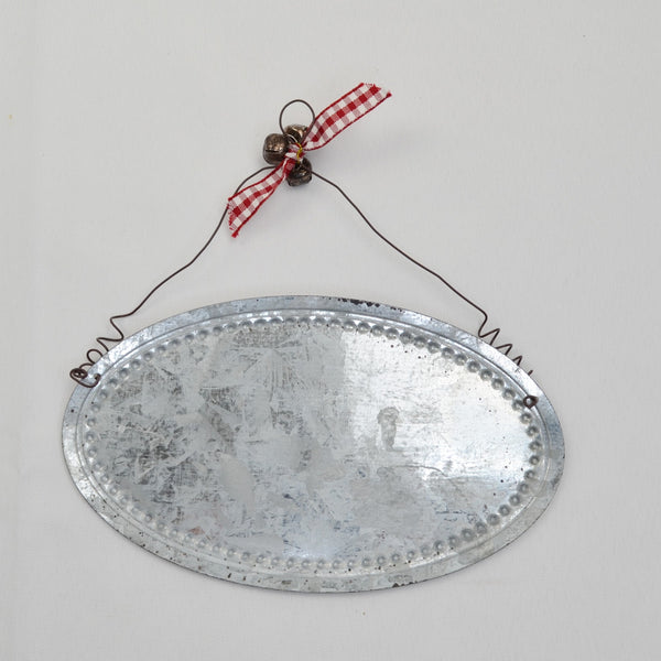 Galvanized Tin Metal Merry Christmas 7" x 4" Oval Plaque Ornament w/Ribbon Bells