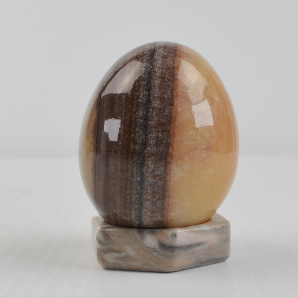 Vintage Alabaster Marble Stone Egg Polished Beige, Dark Rings, Stone Stand 2.5"