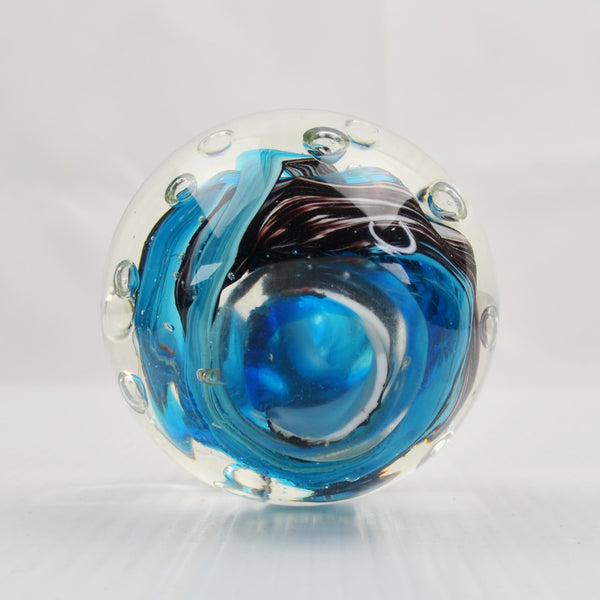 Vintage Paperweight Controlled Bubble Blue Swirl Art Glass Orb Murano Style 3"