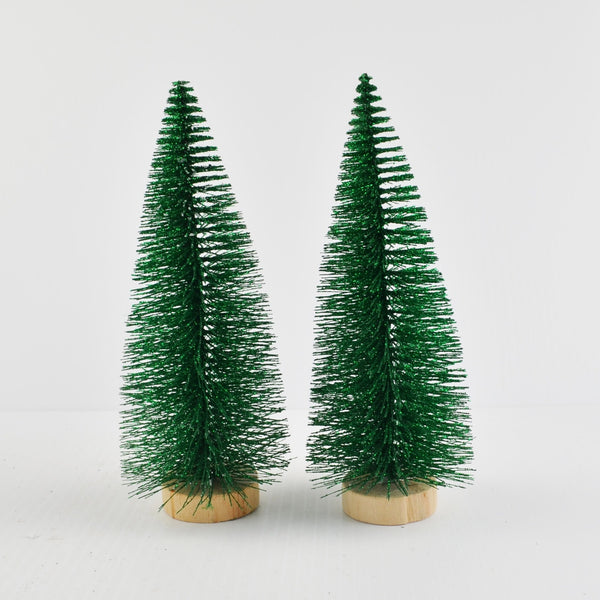 Christmas Village Bottle Brush Christmas Trees - 2 Decorated, 2 Natural, Green