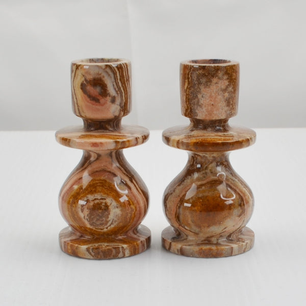 Set Of 2 Natural Alabaster Taper Candle Holders Candlesticks - 4" Marble Stone
