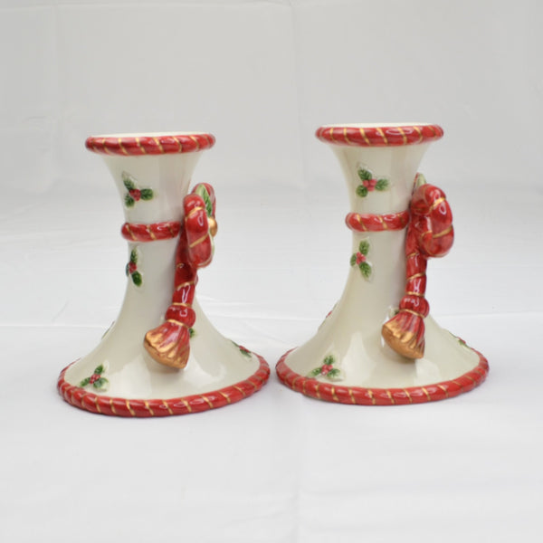 Fitz and Floyd Christmas Bow Candlesticks Candle Holders - Lot of 2