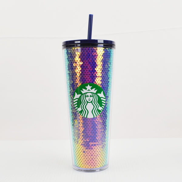 Starbucks Purple Sequin Venti Tumbler Cup Double Wall 24 Oz With Straw And Lid