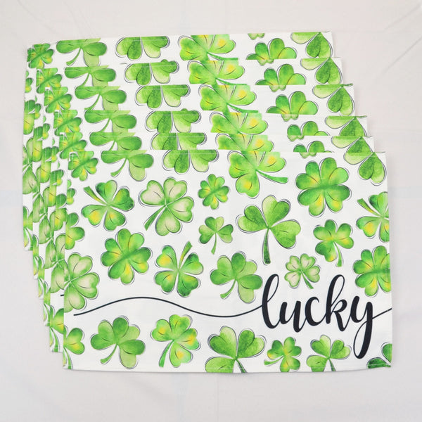 St Patricks Day Placemats Set of 6, 13x19 Inch Cloth Lucky Green Shamrock Mats