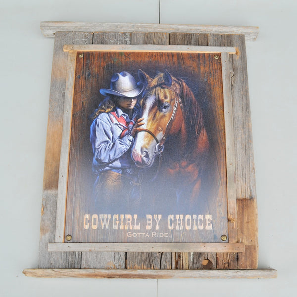 Cowgirl By Choice - Barn Wood Picture 21" x 18" - Cowgirl with Horse