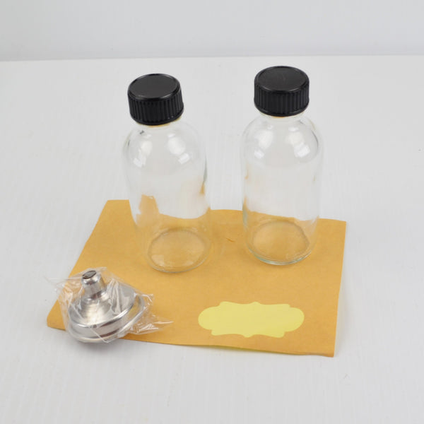 2 Pack 2 Oz Small Clear Glass Bottles with Lids and Stainless Steel Funnel - New